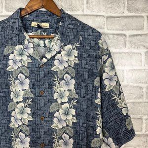 Tommy Bahama Silk Shirt Mens Medium Steel Blue Flower Hawaiian Aloha Perfect